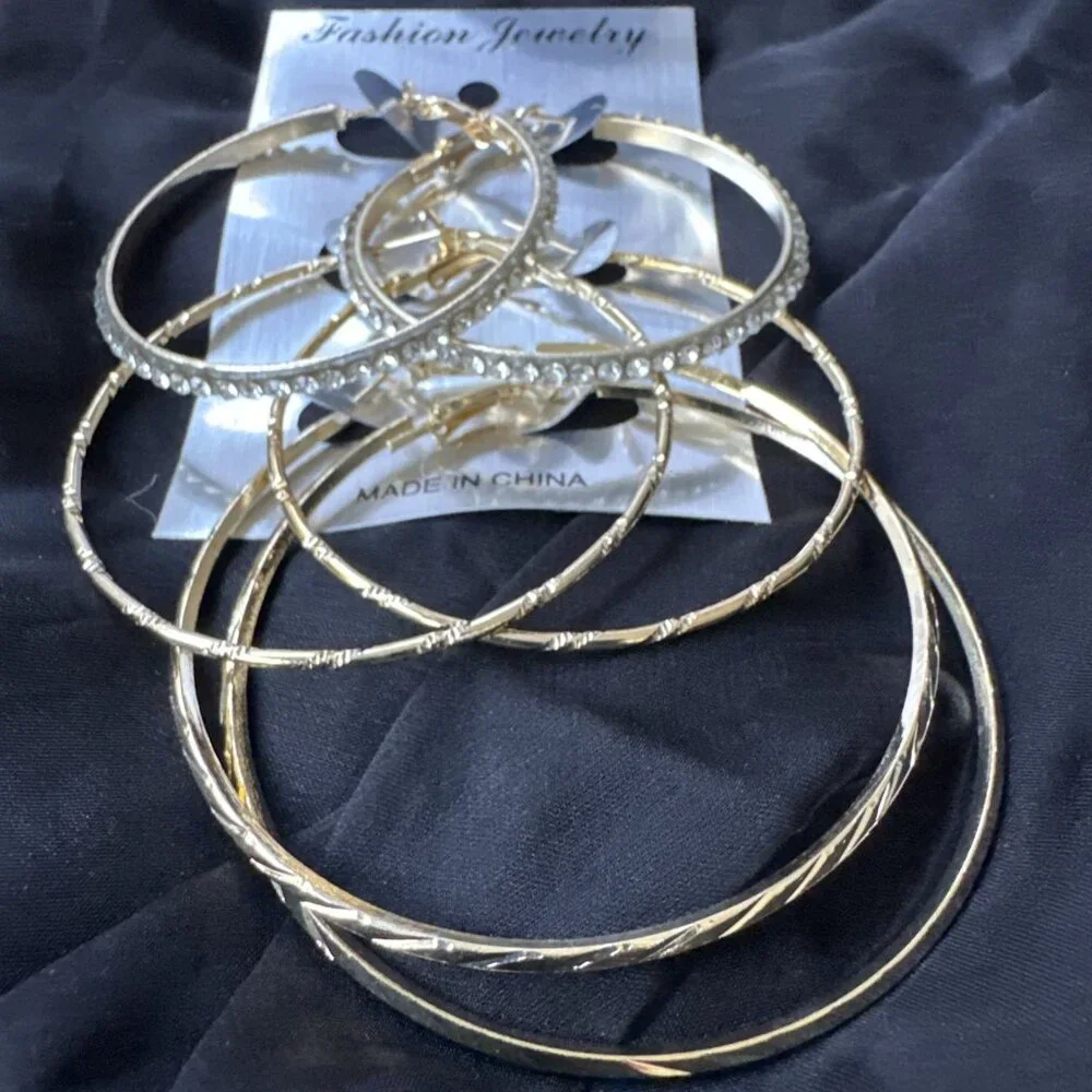 3 Sets Goldetone CZ Hoop 2 2.5 3 Inch Itched Lightweight Earrings NEW